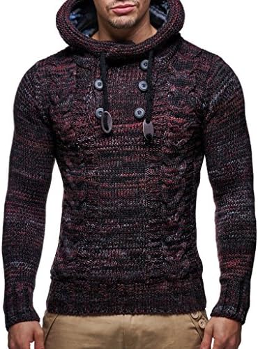 Leif Nelson Men's Knitted Sweater - Slim Pullover Sweaters for Men with Hoodie Red