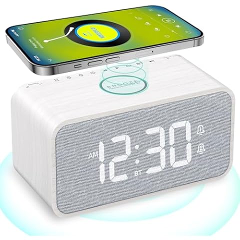 ANJANK Wooden Alarm Clock Radio with Bluetooth Speaker, Wireless Charging Station for iPhone/Samsung, Dual Alarms, Auto-sync Time, 0-100% Dimmer, Digital Clock for Bedrooms Bedside Desk Cover