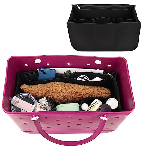 AIERSA Rubber Beach Bag Organizer Liner Compatible with Original X Large Bogg Bag/Simply Southern Tote, Felt Insert Divider Pouch Zipper for Bags Accessories, 7 Pocekets -Black