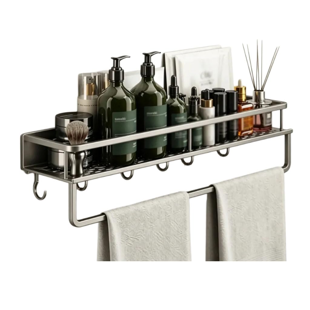Estante de Ducha sin Taladro, Organizador de baño con Ganchos y toallero, Estante de Pared para Ducha con Drenaje para Ducha, Cocina y baño de Invitados,1etage,60cm