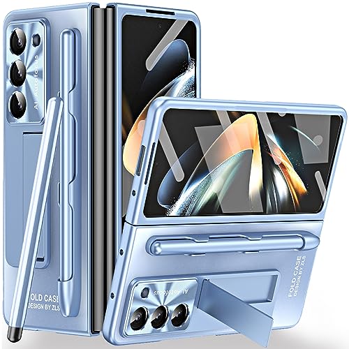 Image of Miimall Case Compatible for Samsung Galaxy Z Fold 5 Case with S Pen, Drop Resistance Built-in Front Screen Protector + Kickstand + Pen Holder Luxury Protection Case for Galaxy Z fold 5 2023 (Blue)