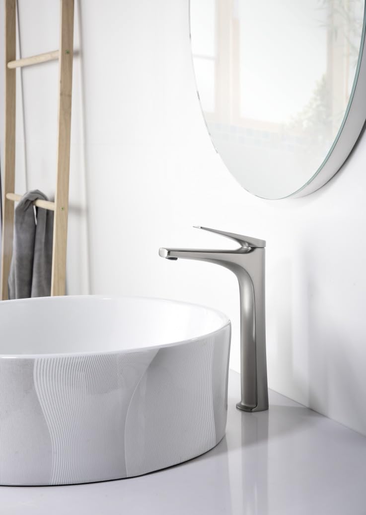 MICE - Grifo monomando con caño alto para lavabo, Cuerpo de grifería en acero S.316, máxima calidad anticorrosión y alta resistencia Griferia Alta de lavabo Acero Inox. Cepillado