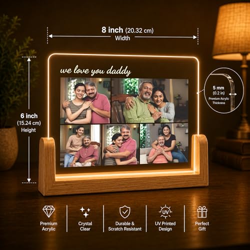 Image of Giftplease Personalized We Love You Daddy Acrylic LED Photo Frame with Wooden Base | Customized Multi-Photo Lamp Gift for Father's Day, Birthday | Warm Glow Night Light