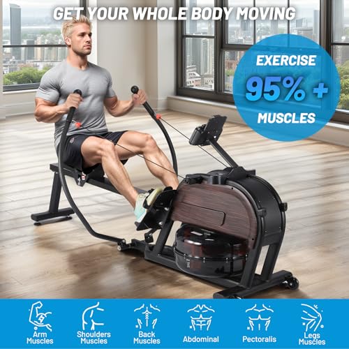 Image of Hipicute Rowing Machine, Magnetic Water Rower Machine for Home, 16 Levels of Quiet Resistance, Extended Slide Rail with Max 350lb Weight Capacity, App Compatible, Full-Body Workout Fitness Rower