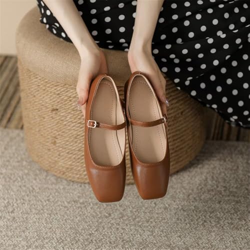Stunner Women's Mary Jane Flats Fashion Square Toe Soft Ballet Flats Comfort Leather Office Driving Flat Shoes Light Brown 42(9.5) 23