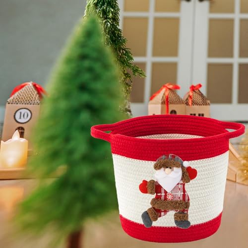 Image of Christmas Gift Baskets Empty, Christmas Decoration Storage Basket with Handle, Baby Gift Basket for Toys, Towels, Diapers, Woven Cotton Rope Basket With Santa Claus, Red