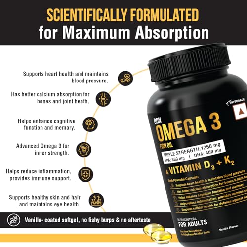 Image of Fish Oil 1250mg with Vitamin D3 & K2, 90 Softgels | 3X Triple Strength 560mg EPA & 400mg DHA | Supports Heart, Bone Health, Brain & Immunity | Easy to Swallow Small Pills | Non-GMO, Burpless Anti-Reflux, No Heavy Metals