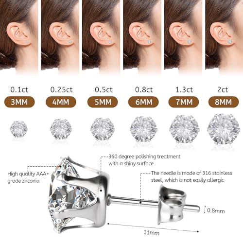 Cubic Zirconia Earrings Studs Set - Hypoallergenic Surgical Stainless Steel for Sensitive Ears - Diamond-Like Shine CZ - Flat Back Cartilage - Daily Wear Jewelry for Women & Men2