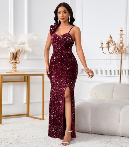 Image of Cololura Women Sexy Elegant Sequin High Split Ruffled Hem Mermaid Party Cocktail Bodycon Formal Evening Gowns Maxi Dress