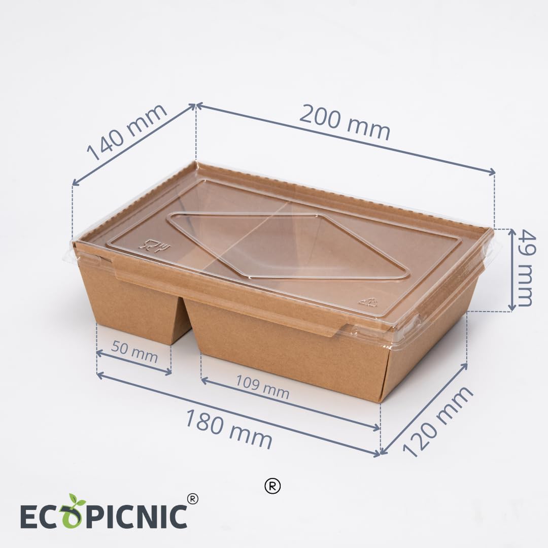 Lanchbox Carta Kraft Coperchio Trasparente 2 Scomparti 1200 ml - Confezione da 50 Pezzi per Alimenti da Asporto