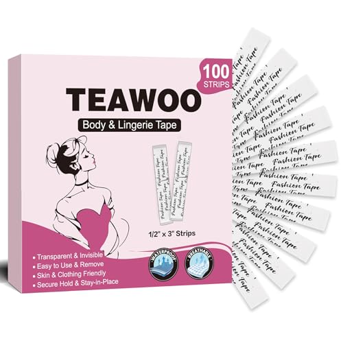 TEAWOO 100 Strips Double Sided Fashion Tape for Clothes – Hypoallergenic Invisible Fabric Tape, Strong Hold Body Tape for Dresses/Necklines, Skin-Friendly Clothing Tape