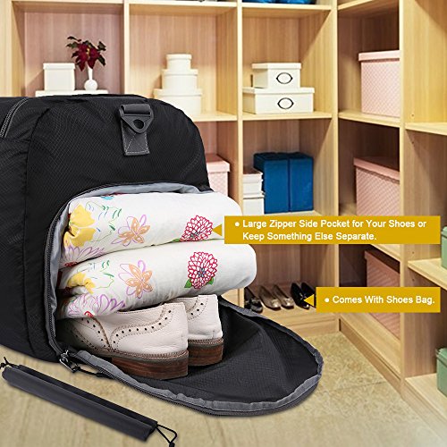 OXA Lightweight Foldable Travel Duffel Bag with Shoes Bag, Black