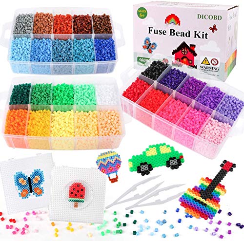DICOBD Fuse Beads Kit - 30000pcs 30 Colors 5mm Melty Beads for Iron Craft Set Including Big Square Clear Pegboards, Ironing Paper, Tweezers Compatible Fuse Beads Kit for Birthday Christmas