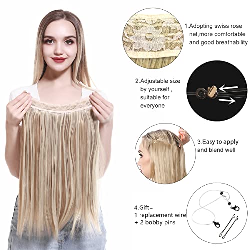 Image of SARLA Invisible Wire Hair Extensions Black Straight Long Synthetic Hairpieces for Women 22 Inch Adjustable Headband Heat Resistant Fiber No Clip