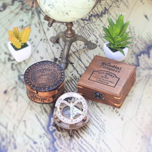 Brújula de latón antigua con reloj solar 4 pulgadas miniatura 6