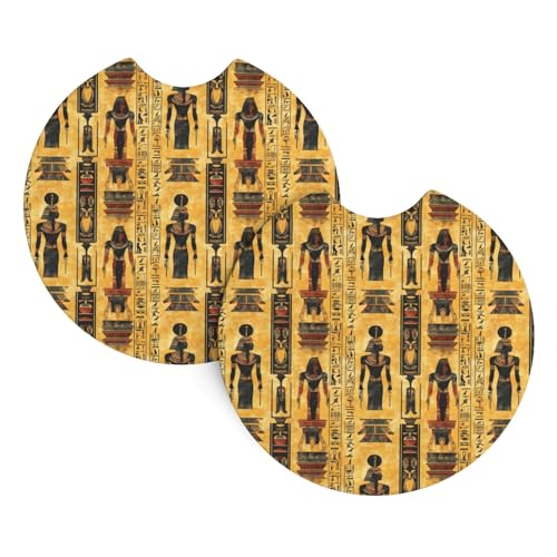 Juego de 2 posavasos de coche con estampado retro de Egipto, posavasos de coche para portavasos, alfombrilla de goma antideslizante universal con muesca para dedos, accesorios interiores de