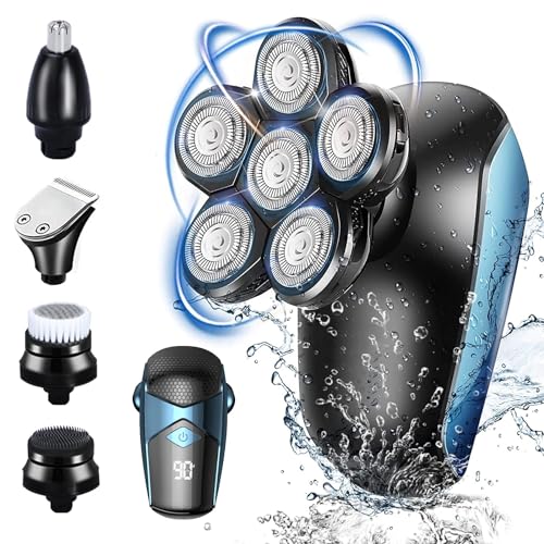 Afeitadora Electrica Cabeza Hombre, Maquina Afeitar Hombre, Afeitadora Cabeza Barba Hombre Calvo con 6 Cabezas Rotativa Uso en Húmedo y Seco Impermeable USB Recargable para Cabeza Facial