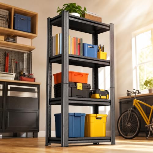 Image of Black Metal Bookshelf 4 Tier Shelf, Heavy Duty Industrial Bookcase Shelving Unit, Standing Storage Rack for Books Plants Kitchen Pantry Decor, Free Standing Shelves Organizer for Bedroom Office