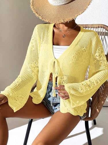 Image of Womens Tie Front Lightweight Crochet Cardigan Shrugs Knit Cardigan Crop Tops Cover Up