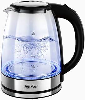 Fujistar Electric Glass Kettle FSKT401, 1.8L, 1500W, Borosilicate Glass, Auto Shut-Off, 360° Rotational Base, Silver/Black