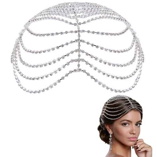 DICOSMETIC 1Pc Rhinestone Head Chains Silver Crystal Headpiece 8.66x9.05x0.11 Inch Flapper Cap Headband Wedding Bride Hair Headband 20s Party Hair Accesories with 2Pcs Hairs Bobby Pins for Women