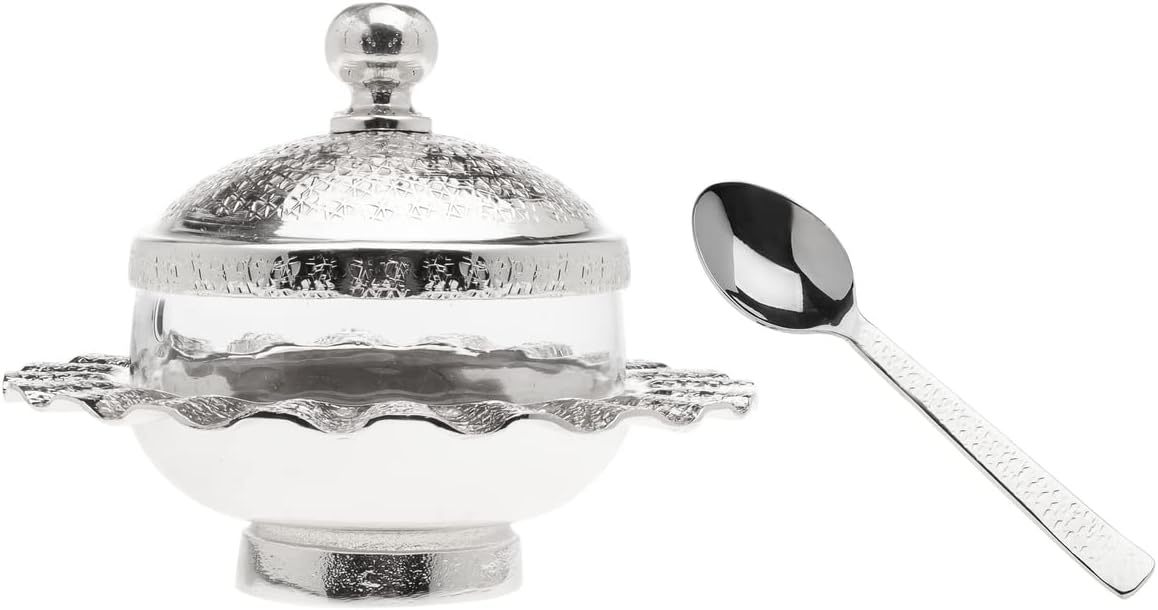 Godinger Honey Dish Jam Jar with Spoon - Silver Ripple Design