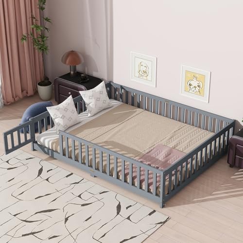 PVWIIK Queen Size Floor Bed with Door & Fence for Kids Boys Girls,Montessori Floor Bed with Roof...