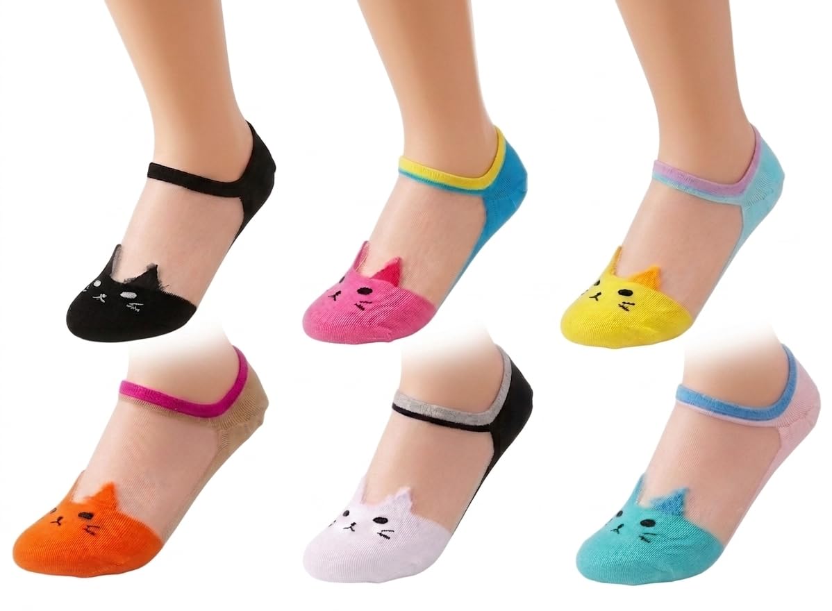 Women Cat Face No-Show Socks, Multicolour, Cute Animal Theme-image-37