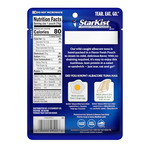 Image of StarKist Wild Caught Albacore White Tuna in Water, 2.6oz Pouch, 24-Pack | 17g Protein Per Serving, Gluten Free, Soy Free, Ready to Eat, No Draining, 80 Calories Per Serving, Great for Meals & Snacks