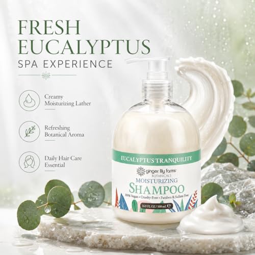 Image of Ginger Lily Farms Botanicals Shampoo, 16.9oz /6pk, Eucalyptus Tranquility | 100% Vegan & Cruelty-Free | Moisturizing Shampoo for All Hair Types