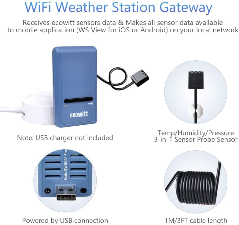 Ecowitt Wireless Weather Station Gateway - Thermometer Hygrometer Barometric Pressure, Indoor Temperature Humidity Meter, GW1100 Sensor for Home Office IOT, Base Station for Ecowitt Sensor Series