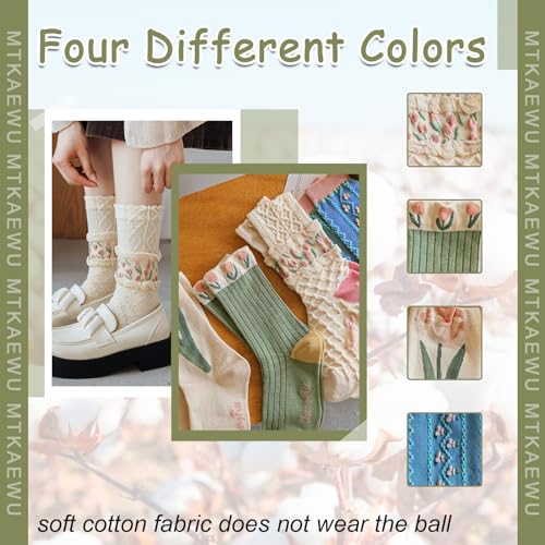 Image of 4 /5 Pack Cute Womens Floral Socks, Cotton Vintage Embroidered Casual Crew Socks, Girly Cottagecore Tulip Dress Socks