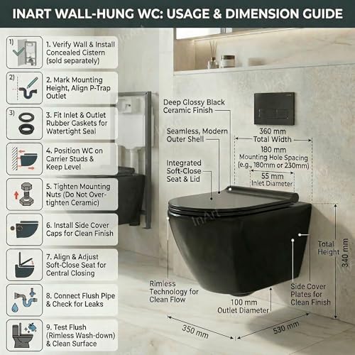 Image of InArt Ceramic Rimless Wall Hung Western Toilet /Commode - P Trap, Glossy Ceramic Round Rimless Toilet WC with Soft Close Seat, Modern Wall Mounted 365mm x 520mm x 360mm Black Color