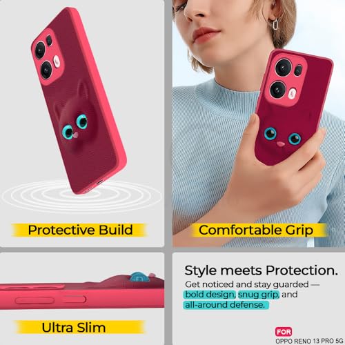 Image of AESTMO Back Case Cover for Oppo Reno 13 Pro 5G Back Cover | 3D Cat Cover | Leather Finish | Full Body Protection | Camera Protection Back Cover for Oppo Reno 13 Pro 5G (Pink)