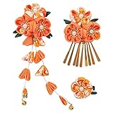 髪飾り 七五三 3点セット 成人式 浴衣 髪 飾り 花 袴 着物 振袖 和装 卒業式 鈴付き つまみ細工 女の子 子供 ヘアアクセサリー 5カラー (オレンジ 3点セット)