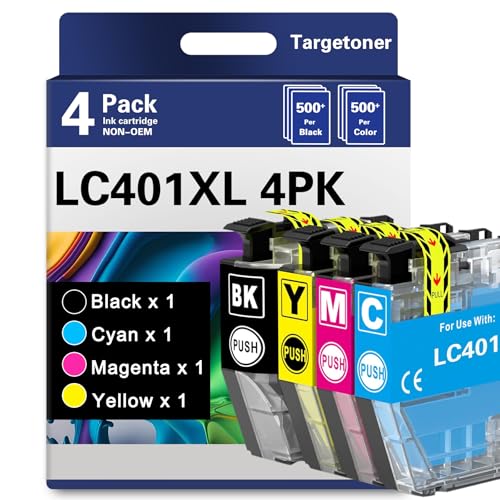 Image of LC401XL LC401 High Yield MFC-J1010DW Ink Cartridges Replacement LC401XL LC401 XL Ink 4 Pack Compatible for Brother MFC-J1010DW MFC-J1012DW MFC-J1170DW Upto 500 Pages Black Cyan Magenta Yellow