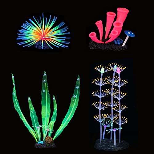 Image of Lpraer 4 Pack Glow Aquarium Decorations Horn Coral Branch Coral Kelp Sea Urchin Simulation Glow Plant Glowing Effect Silicone for Fish Tank Decoration