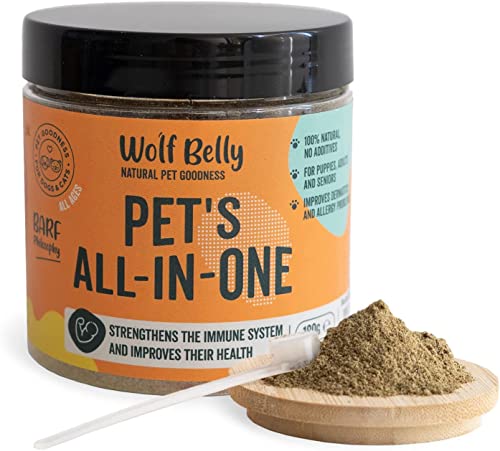 Suplemento para Mejorar Bienestar General - 180g - Rico en Vitaminas y Minerales - Mejora Sistema Inmune - 100% Natural - Wolf Belly Pets All-in-One
