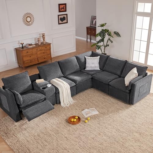 Reedvales 6-Seater Power Reclining Sectional Sofa Set with Storage Console, Wall-Hugger Recliner Sectional Couch with Cup Holders, Reclining Sectional Couch for Living Room (Chenille, Darkgray)