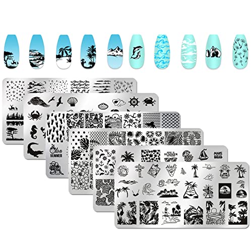 XEAOHESY 6pcs Seaside Scenery Nail Stamping Plate Nail Stamping Kit for Nails Summer Beach Coconut Trees Sunset Waves Sea Animals Image Plates Nail Stamper Kit