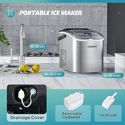 EUHOMY Ice Maker Machine Countertop Ice Cube Maker with Portable Handle, 9 Ice Cubes in 6 Mins, Self-Cleaning Compact Ice Maker 12 kg in 24 Hrs, with Ice Scoop and Basket for Home/Kitchen/Office/Bar