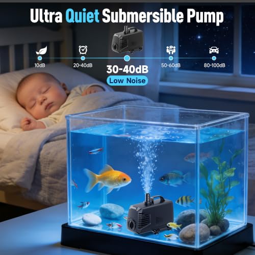Image of POPOSOAP 880GPH Submersible Water Pump, Water Fountain (85W 3200L /H) with 10.5FT High Lift Adjustable & 3 Nozzles & 16.4FT Cord, Ultra Quiet Aquarium Pump for Pond Fountain Waterfall Hydroponics-Q105