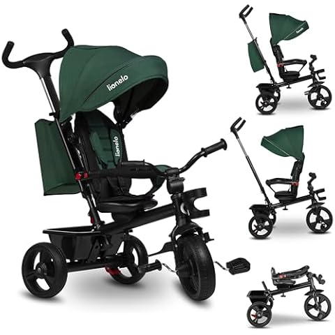 LIONELO Haari 2in1 Kids Tricycle Stroller for toddlers 1-5 Years Up to 25kg Parent steering control Swivel seat Three wheeler Bike Harness Canopy Basket Cup Holder Robust frame Durable wheels (Green) Cover