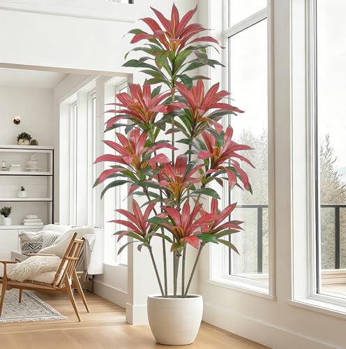 Fsslower Artificial Red Dracaena Tree 7FT with 135 Leaves & 8 Heads Lifelike Tall Fake Faux Tropical...