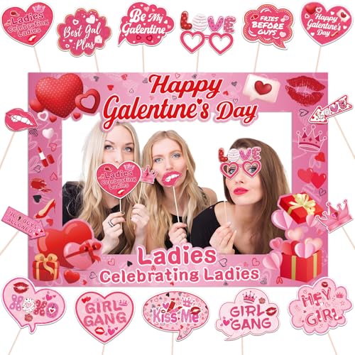 Galentines Day Decorations Photo Booth Props 16pcs Happy Galentines Day Decorations Photo Props for Party Pink Ladies Celebrating Ladies Party Supplies