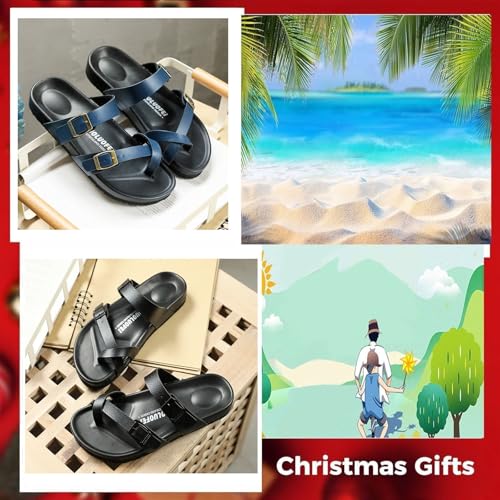 Yytcsjz Beach Leather Sandals Slide, Men's Slip-On Bunion Corrector Sandals with Adjustable Metal Buckle Strap, Casual Flip-Flop Summer Slip on Cross, for Fathers Day, Travel, Outdoor, Beach4