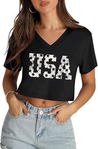 4th of July V Neck Short T-Shirts for Women Cute Patriotic Flag USA Graphic Shirts Anniversary Memorial Tops Party Tee(GQBK01,Medium)