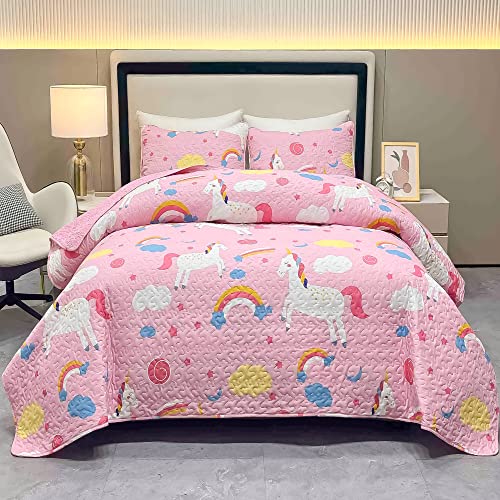 Vivilinen Kids Quilt Set Queen Size Bedding Set For Girls 3-Piece Pink Unicorn Rainbow Comforter Quilted Reversible Bedspread Coverlet Set Lightweight Bed Sheet Set Cover Blanket With 2 Pillow Shams #TOP7