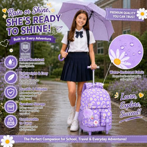 Image of CCJPX Rolling Backpack for Girls, 3Pcs Roller Wheeled School Bookbag, Daisy Wheels Backpacks with Lunch Box for Kids (Purple)