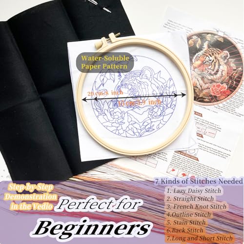 Image of FONNUY Tiger Floral Embroidery Kit, Cross Stitch Kits for Beginners, Handmade Crafts with Printed Patterns for Beginner Adults, Easy to Follow Color Thread Needlework, 8'' Hoop